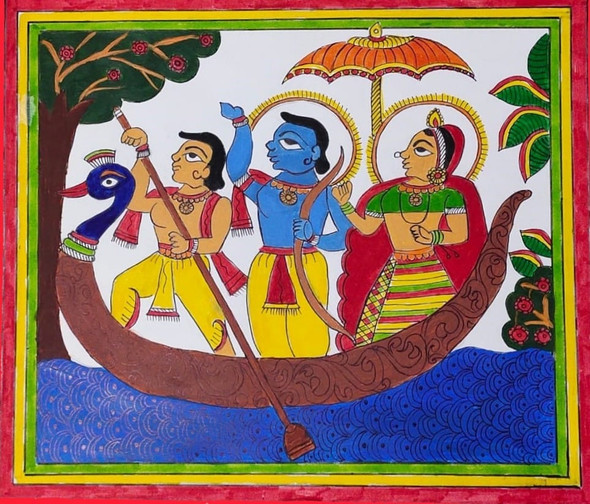 Lord Ram Sita and Laxman on a Boat (ART_8089_57553) - Handpainted Art Painting - 14in X 11in