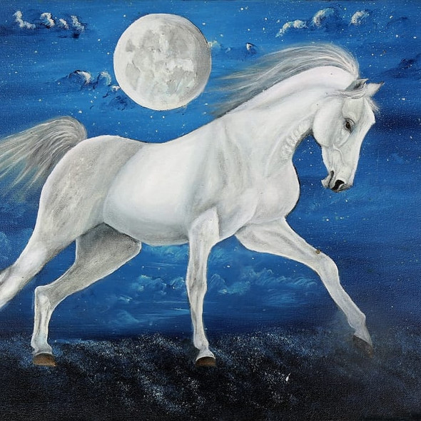 White Horse Under Moonlight (ART_8067_57850) - Handpainted Art Painting - 24in X 16in
