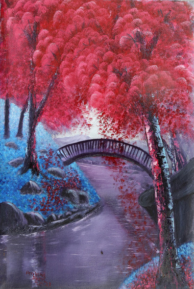 Romantic Red Tree Bridge Landscape Oil Painting (ART_8067_57823) - Handpainted Art Painting - 16in X 20in