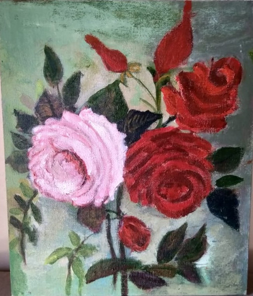 Couplet Roses (ART_8094_57608) - Handpainted Art Painting - 10in X 12in