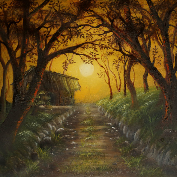 Golden Sunset Forest Path Hut Oil Painting (ART_8067_57161) - Handpainted Art Painting - 20in X 16in