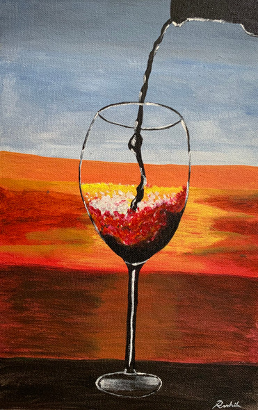 A glass of wine by the beach (ART_8106_58224) - Handpainted Art Painting - 8in X 12in