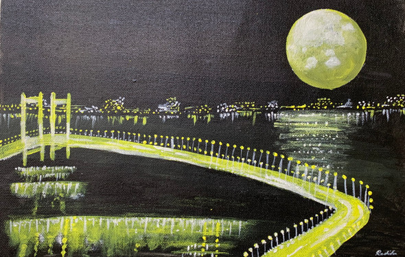 Moon lit bridge (ART_8106_58222) - Handpainted Art Painting - 12in X 8in