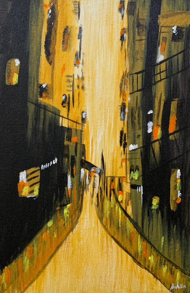 A walk through streets (ART_8106_58221) - Handpainted Art Painting - 8in X 12in