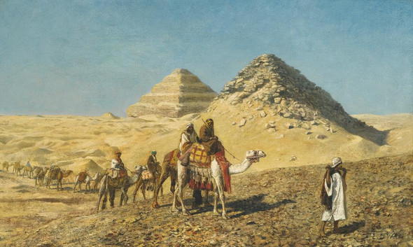 Camel Caravan Amid The Pyramids, Egypt By Edwin Lord Weeks (PRT_8526) - Canvas Art Print - 23in X 14in