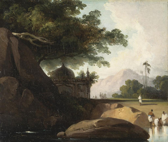 Indian Landscape With Temple By George Chinnery (PRT_8551) - Canvas Art Print - 21in X 18in