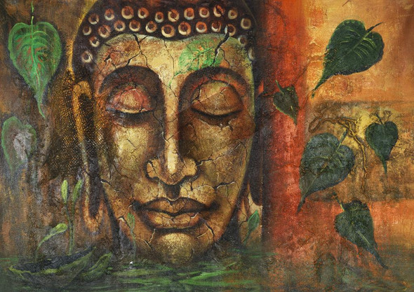 Buddha Face With Green Leaves (ACHMER85_3524) - Handpainted Art Painting - 36in X 24in (Framed)