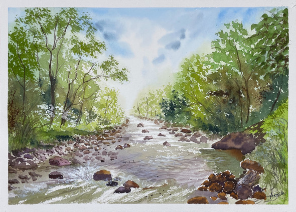 Stream Landscape (ART_8127_58392) - Handpainted Art Painting - 16in X 12in