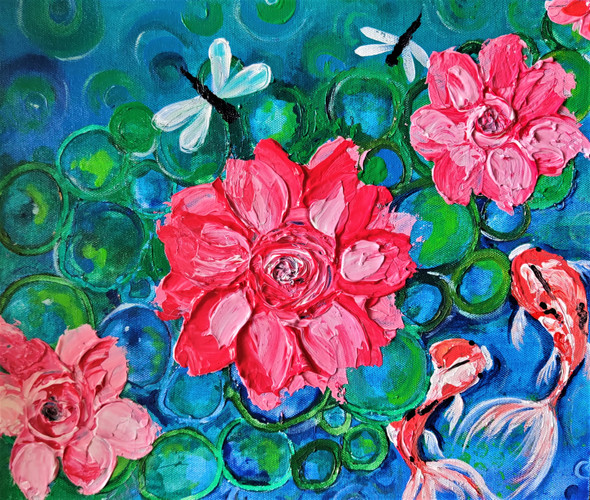 Pond of luck (ART_7624_58287) - Handpainted Art Painting - 12in X 14in