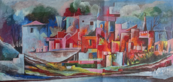 Abstract Landscape Canvas Painting (ART_8135_58156) - Handpainted Art Painting - 32in X 14in