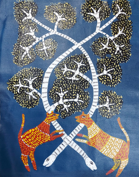 The vibrant Gond art  (ART_8143_58703) - Handpainted Art Painting - 18in X 36in