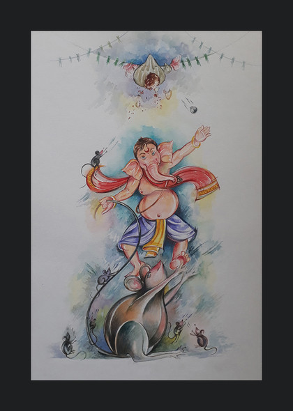 Dancing Ganesha (ART_8146_58611) - Handpainted Art Painting - 9in X 14in