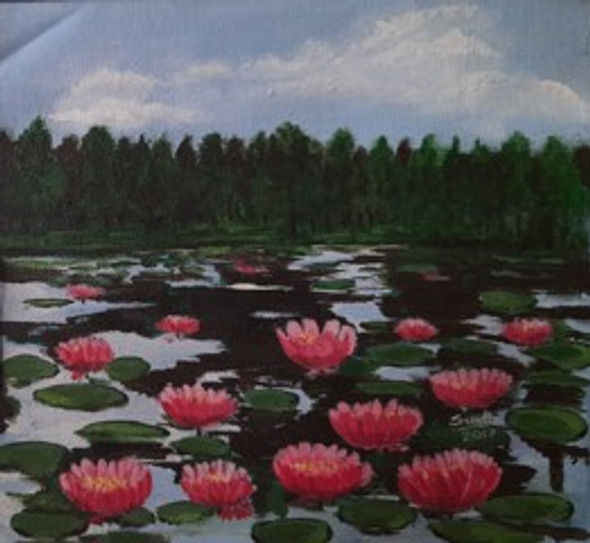 Lotus pond in India (ART_171_58499) - Handpainted Art Painting - 10in X 9in