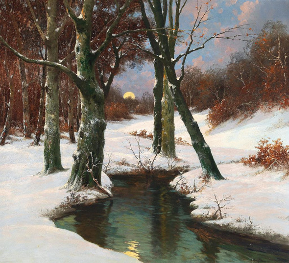 Winter Landscape With Rising Moon By Adolf Kaufmann (PRT_9410) - Canvas Art Print - 27in X 24in
