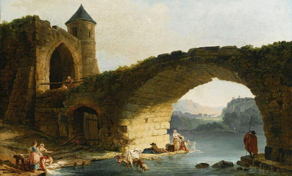 A Capriccio River Landscape With Washerwomen Near A Ruined Bridge By Hubert Robert (PRT_9454) - Canvas Art Print - 26in X 16in