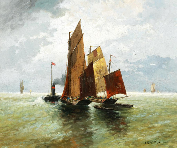 Steamboat And Fishing Boats At Sea By Adolf Kaufmann (PRT_9399) - Canvas Art Print - 26in X 22in