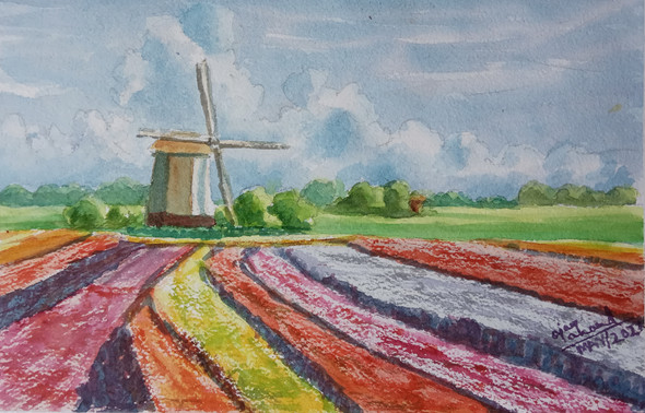 Windmill across tulip farm  (ART_8185_58857) - Handpainted Art Painting - 9in X 6in