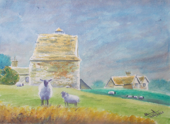 Sheep and Barn  (ART_8185_58851) - Handpainted Art Painting - 11in X 7in