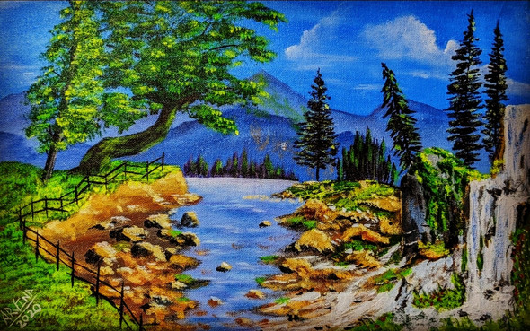 River site view (ART_7340_49085) - Handpainted Art Painting - 18in X 12in