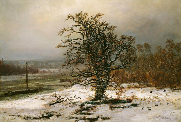 Oak Tree By The Elbe In Winter (1853) By JC Dahl (PRT_9500) - Canvas Art Print - 25in X 17in