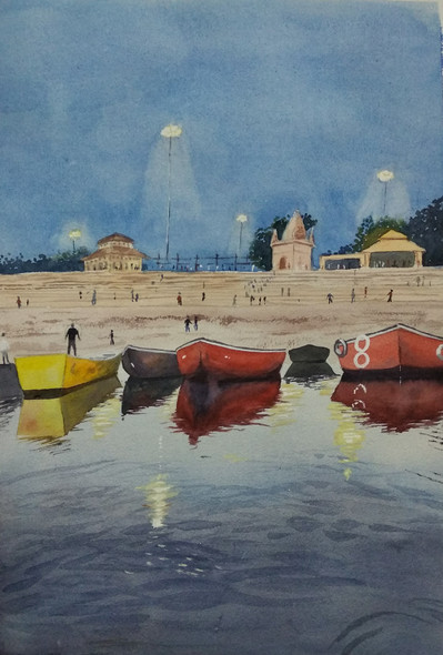 An evening at Varanasi (ART_7362_59208) - Handpainted Art Painting - 12in X 18in