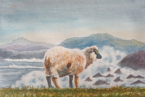 Sheep on Beach  (ART_8185_58862) - Handpainted Art Painting - 10in X 7in