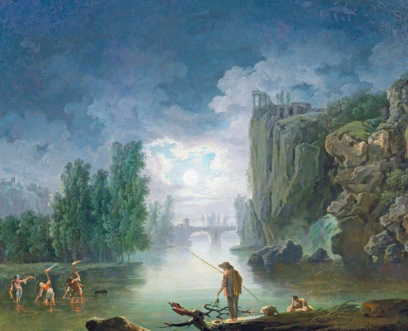 A Moonlit River Landscape With Fishermen Working By Torchlight, The Temple Of Vesta In The Right Background By Francesco Fidanza (PRT_9582) - Canvas Art Print - 23in X 19in