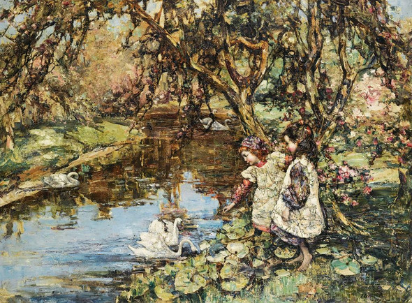 Feeding The Swans (1912) By Edward Atkinson Hornel (PRT_9598) - Canvas Art Print - 21in X 16in