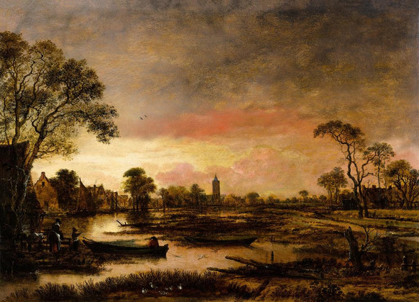 River Landscape (1650) By Aert Van Der Neer (PRT_9659) - Canvas Art Print - 33in X 24in