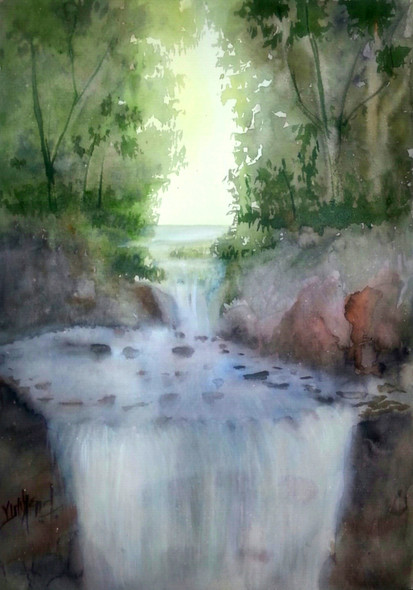 WATERFALL (ART_8195_59026) - Handpainted Art Painting - 11in X 16in