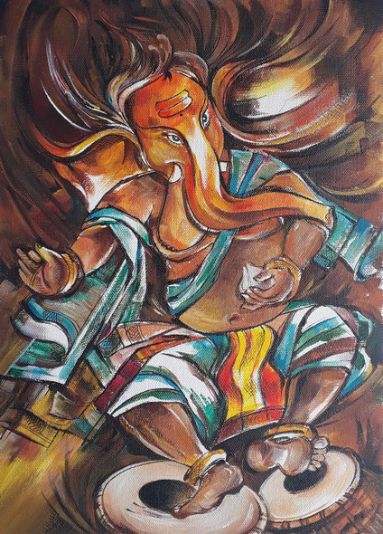 Ganesha_E (ART_8146_59392) - Handpainted Art Painting - 13in X 9in