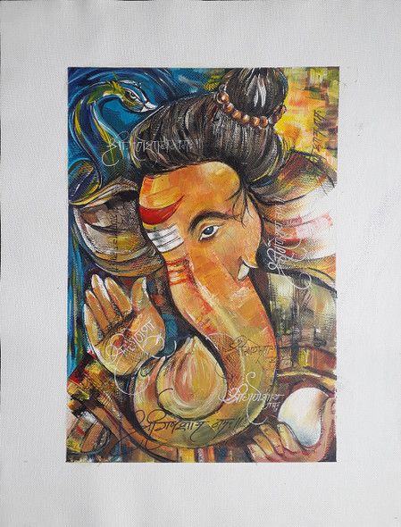 Ganesha_D (ART_8146_59391) - Handpainted Art Painting - 13in X 9in