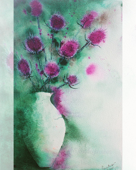 Thistles In A Vase (ART_8053_59405) - Handpainted Art Painting - 9in X 11in