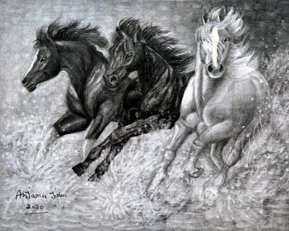 Horses running in water (ART_8067_59396) - Handpainted Art Painting - 8in X 12in