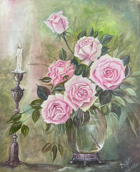 Candle and roses (ART_8171_59370) - Handpainted Art Painting - 10in X 12in