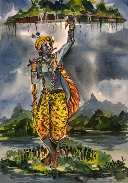 Lord Krishna (ART_585_59619) - Handpainted Art Painting - 8 in X 12in