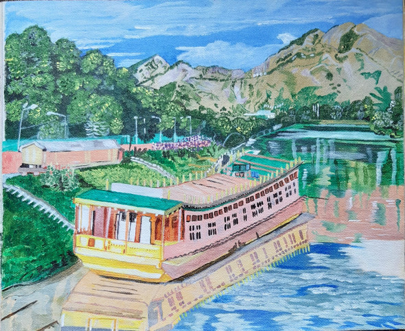 A Houseboat on the Jhelum. (ART_5913_56075) - Handpainted Art Painting - 12in X 10in