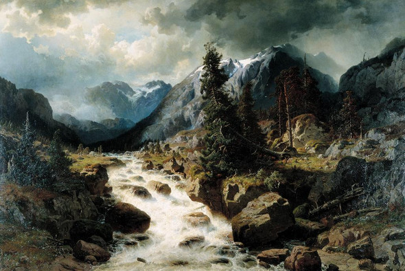 Landscape With Waterfall From The Canton Of Uri, Switzerland (1858) By Edvard Bergh (PRT_10039) - Canvas Art Print - 22in X 15in