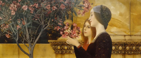 Two Girls With An Oleander Bush (1890) By Gustav Klimt (PRT_10194) - Canvas Art Print - 30in X 13in