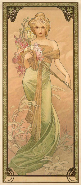 Spring (1900) By Alphonse Mucha (PRT_10187) - Canvas Art Print - 11in X 24in