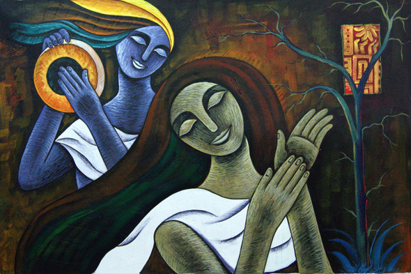 The Beat of Lord Krishna - 36in X 24in,RAJMER47_3624,Acrylic Colors,Clapping,Couple,Modern art  - Buy Paintings online in India