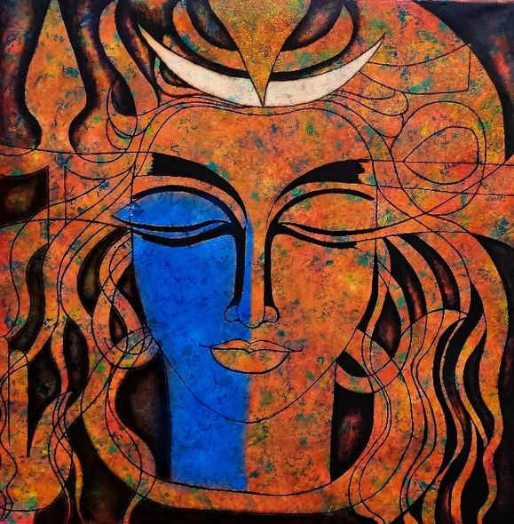 Ardha Shiva (ART_5557_60037) - Handpainted Art Painting - 32in X 32in