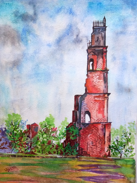 Goa Church (ART_1243_59711) - Handpainted Art Painting - 10in X 14in