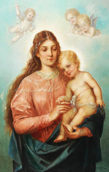 Madonna With Christ Child And Putti By Hans Zatzka (PRT_10219) - Canvas Art Print - 13in X 21in