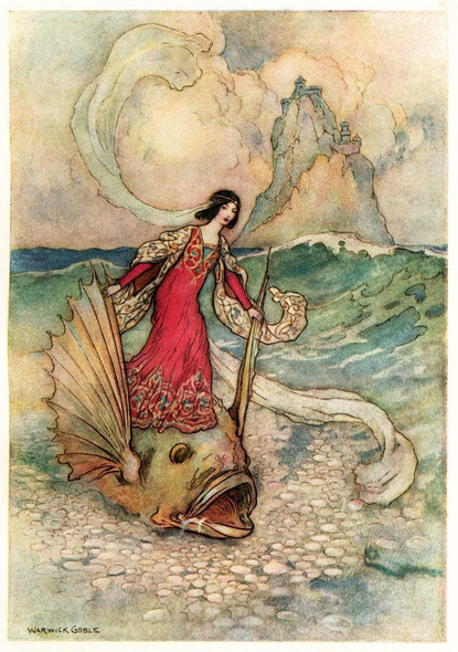 Rita Riding On The Dolphin (1911) By Warwick Goble (PRT_10229) - Canvas Art Print - 18in X 25in