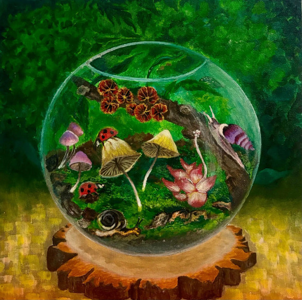 'Escape Into The Greenery-Through Terrarium' (ART_8271_60159) - Handpainted Art Painting - 12in X 12in