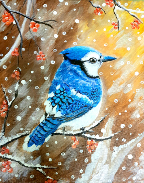 'Bluejay- Enjoying The Snowfall' (ART_8271_60098) - Handpainted Art Painting - 8in X 10in