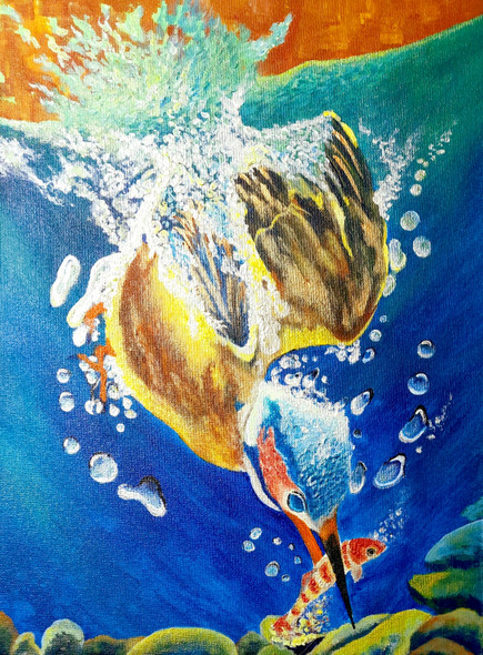 'Bang On Target- Kingfisher With The Catch' (ART_8271_60096) - Handpainted Art Painting - 11in X 14in