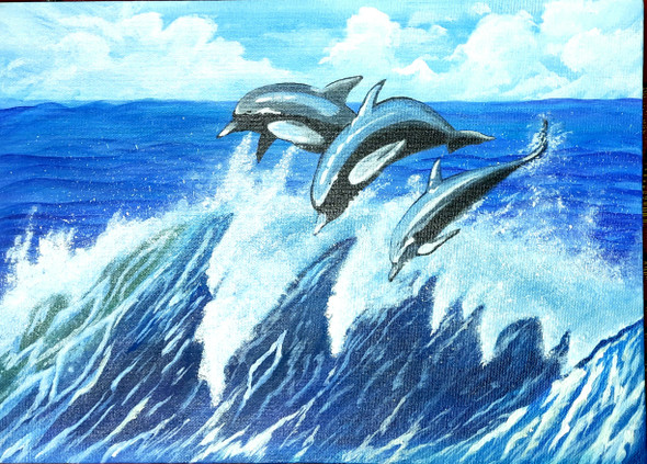 'Up Above The Waves So High - The Dancing Dolphins' (ART_8271_60094) - Handpainted Art Painting - 14in X 11in