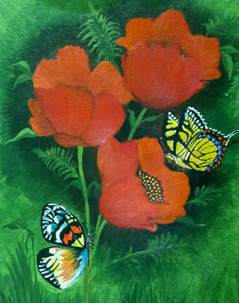 'Winged Beauties- Beautiful Butterflies On Lemony Poppies' (ART_8271_60093) - Handpainted Art Painting - 8in X 10in